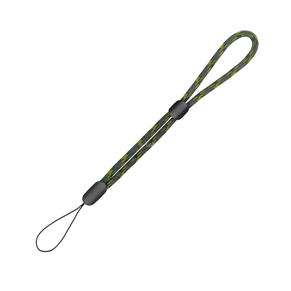 A braided paracord wrist strap in a green yellow black camouflage pattern featuring two black plastic adjusters and a thin attachment loop
