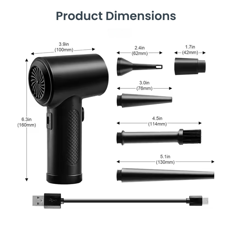 Black portable air duster and accessories displaying detailed product dimensions including the main device at 6.3 inches, five distinct nozzle attachments like the brush, and a USB-C charging cable
