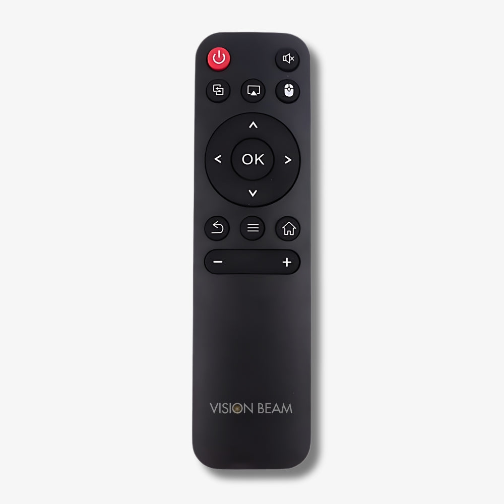 A matte black Vision Beam remote control on a white background featuring a red power button and a central circular navigation pad with an "OK" button