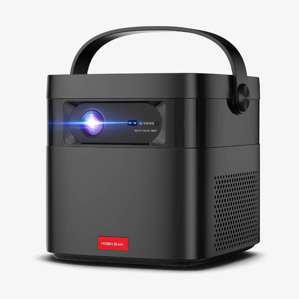 Digital photograph of a black portable smart projector with an integrated handle, a prominent blue glowing lens displaying AUTO FOCUS 1080P, and a red VISION BEAM logo, presented on a clean white background