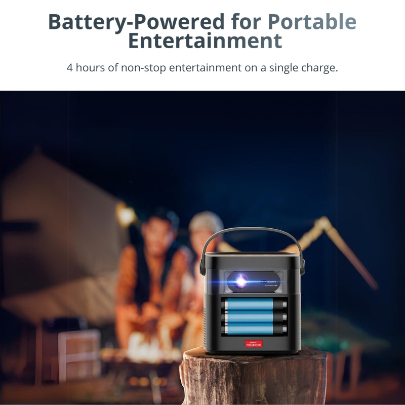 A black portable projector displaying blue battery charge levels and a red 'SMART PROJECTOR' label sitting on a tree stump at a night campsite with blurred people by a campfire and a tent in the background