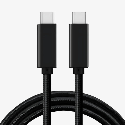 Two black braided USB-C cables with silver connector tips coiled in an arc against a plain white background