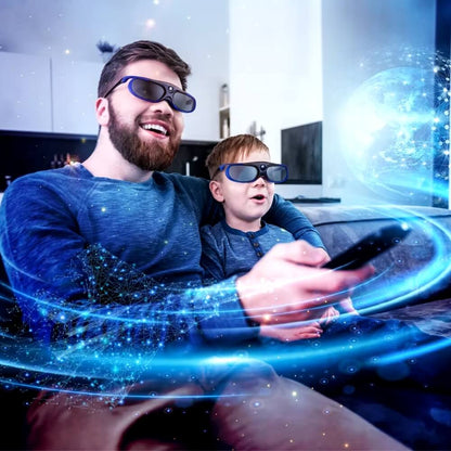 Smiling bearded father and young son on a living room couch both wearing black and blue 3D glasses holding a remote, immersed in glowing blue digital network streams and a holographic Earth