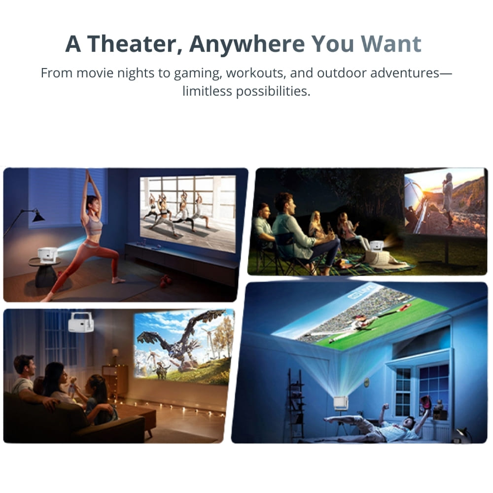 Digital photograph illustrating a portable projector's diverse uses, showing a woman doing yoga, friends enjoying an outdoor movie, and a man watching soccer on his bedroom ceiling