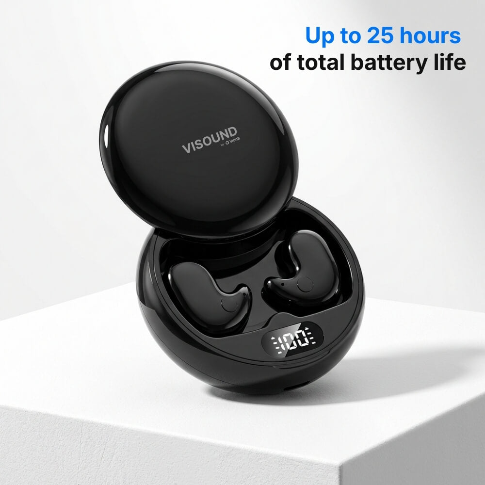 Black VISOUND by VionB wireless earbuds in an open charging case on a white surface, featuring a digital "100" battery display and text "Up to 25 hours of total battery life"