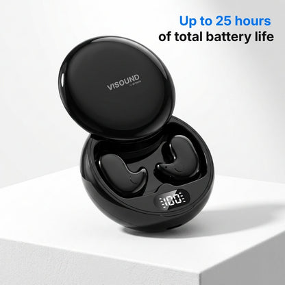 Black VISOUND by VionB wireless earbuds in an open charging case on a white surface, featuring a digital "100" battery display and text "Up to 25 hours of total battery life"