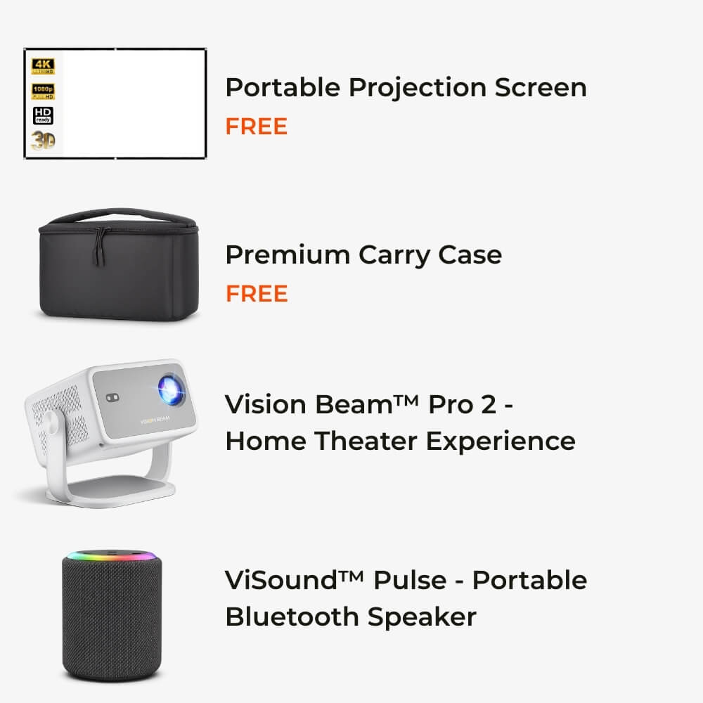 A product display featuring a portable projection screen with 4K and 3D icons, a premium black carry case, a white Vision Beam Pro 2 home theater projector glowing with a blue lens, and a black ViSound Pulse portable Bluetooth speaker with a vibrant colorful LED light ring