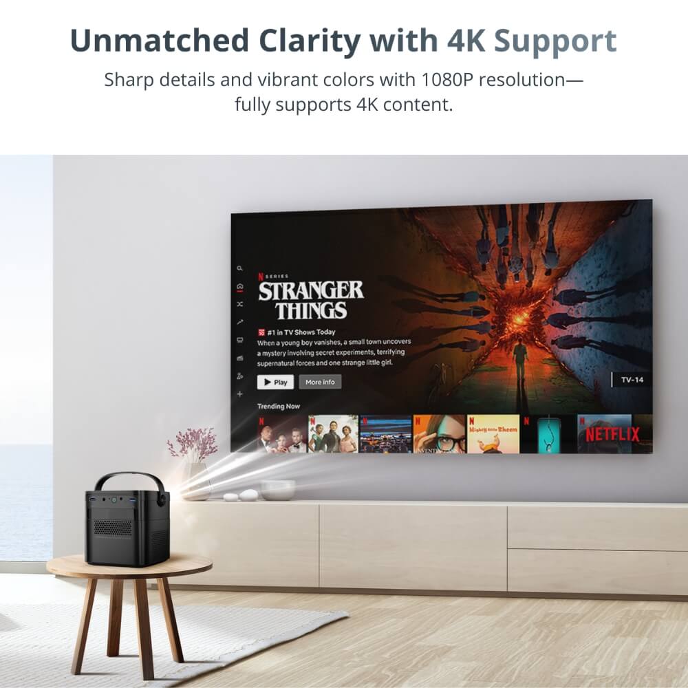 Digital photograph of a black portable projector with a handle on a wooden side table, displaying the Netflix series Stranger Things on a large wall in a modern living room with an ocean view