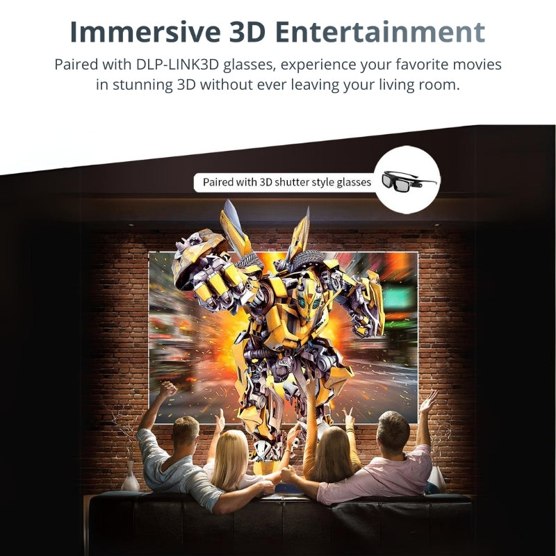 Promotional image of a family in a modern living room reacting to an immersive 3D home theater projection of a yellow robot character bursting from the screen, highlighted by a brick accent wall and details about DLP-LINK3D shutter glasses
