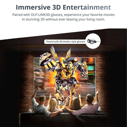 Promotional image of a family in a modern living room reacting to an immersive 3D home theater projection of a yellow robot character bursting from the screen, highlighted by a brick accent wall and details about DLP-LINK3D shutter glasses