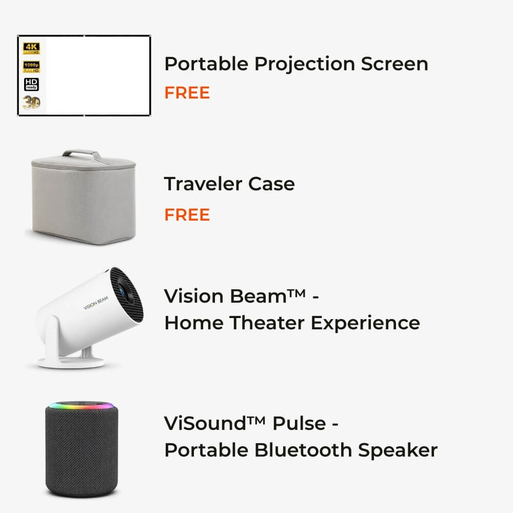 Product display showcasing a portable projection screen with 4K 1080p HD 3D icons, a light gray traveler case, a white Vision Beam home theater projector, and a ViSound Pulse portable Bluetooth speaker with a vibrant multi-color LED light ring