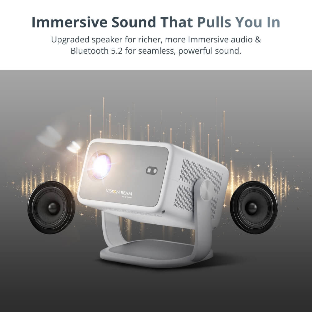 Digital advertisement showcasing a white and gray VISION BEAM projector with a bright glowing lens flanked by two black speakers on an abstract gray background with subtle golden sound wave graphics and sparkling light streaks