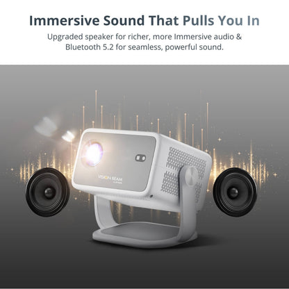 Digital advertisement showcasing a white and gray VISION BEAM projector with a bright glowing lens flanked by two black speakers on an abstract gray background with subtle golden sound wave graphics and sparkling light streaks