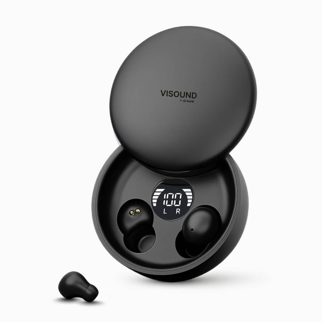 Digital photograph by VISOUND by VionB of matte black wireless earbuds and their open charging case displaying "100" and "L R" on a central digital screen, with one earbud positioned beside the case