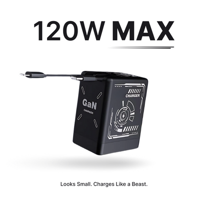 A black cube-shaped GaN 120W MAX charger displayed on a white background, featuring white futuristic circuit graphics with a lightning bolt, an attached USB-C cable, and the prominent text "Looks Small. Charges Like a Beast"