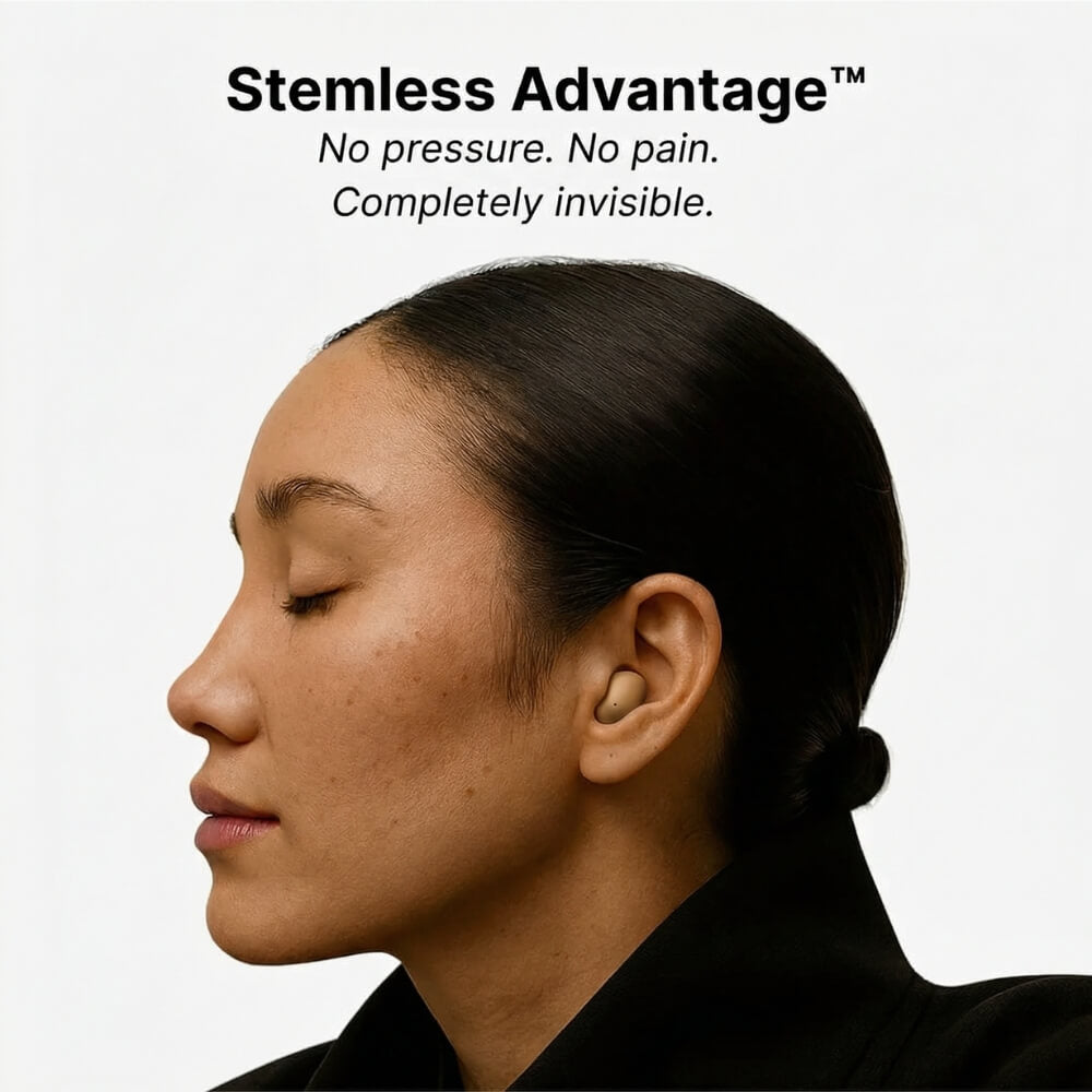 ViSound™ Air ultra-light earbuds in skin tones edition displayed on a model's ear, showcasing a sleek and discreet design.