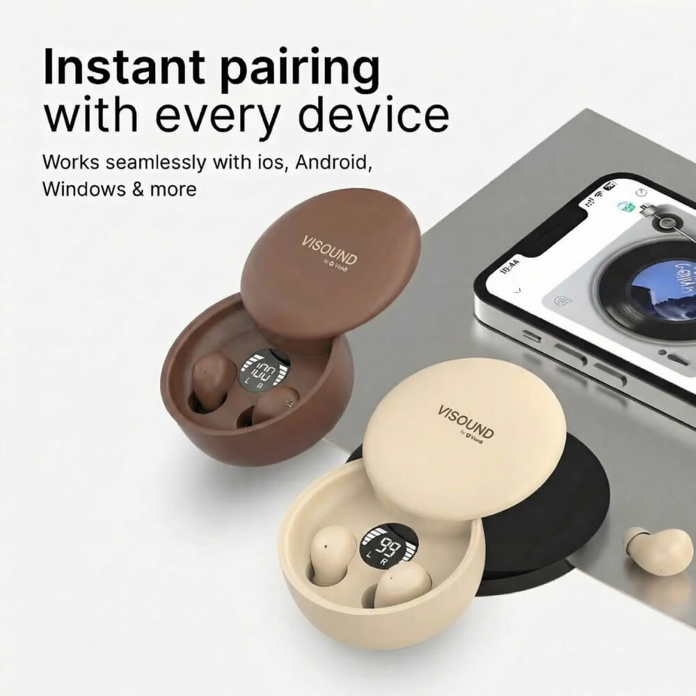 ViSound™ Air ultra-light earbuds in skin tones edition, displayed in a charging case with digital battery indicator.
