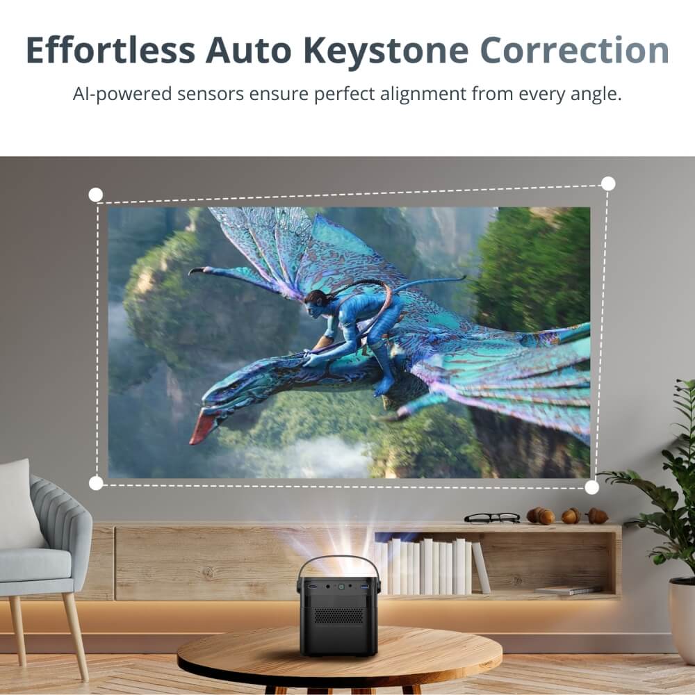 Digital photograph of a black portable projector in a modern living room displaying a scene from Avatar with a blue Na'vi riding a vibrant teal and purple Ikran over Pandora's floating mountains, promoting Effortless Auto Keystone Correction