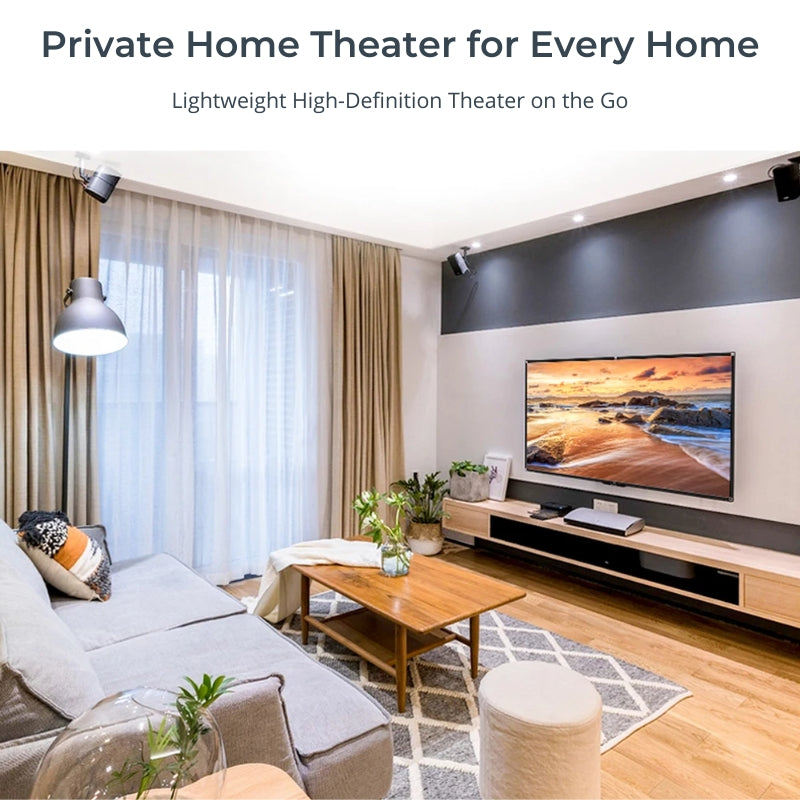 A modern home theater living room featuring a large television displaying a vibrant beach sunset, sleek ceiling-mounted speakers, a comfortable gray sectional sofa, and a light wood media console