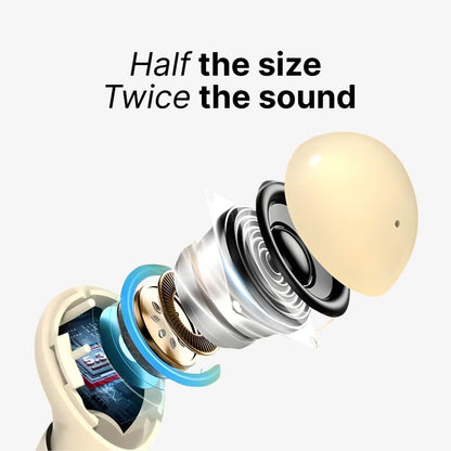 Digital rendering of an exploded beige earbud revealing its internal components, including a circuit board with 5.3, a glowing blue ring, and a gold speaker coil, with text overlay Half the size Twice the sound