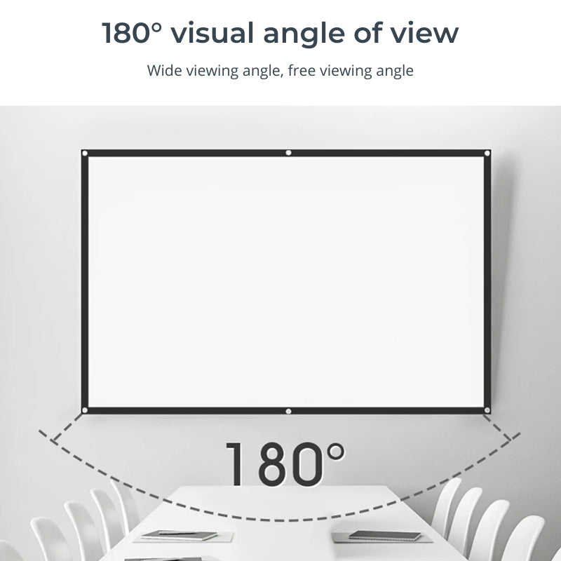 A large white projection screen with a black border on a light gray wall illustrating its 180-degree visual angle of view in a modern conference room with a white table and chairs