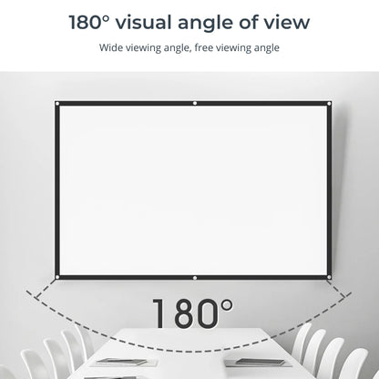 A large white projection screen with a black border on a light gray wall illustrating its 180-degree visual angle of view in a modern conference room with a white table and chairs