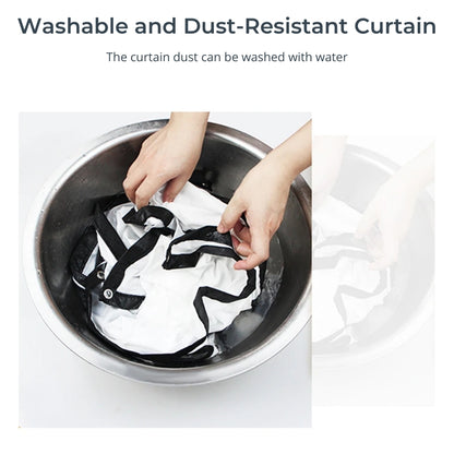 Photograph of hands washing a white dust-resistant curtain with black trim and a metal grommet in a silver metal bowl with water highlighting its easy washability