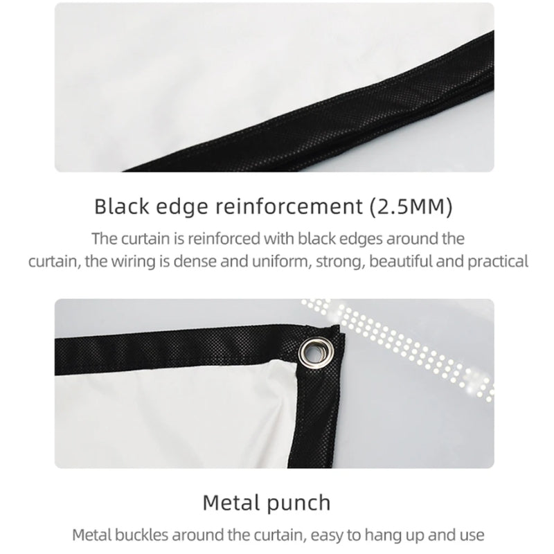 Close-up details of a portable projection screen showing white fabric with 2.5MM black edge reinforcement and a silver metal grommet