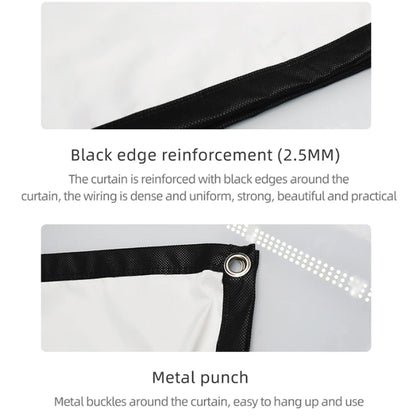 Close-up details of a portable projection screen showing white fabric with 2.5MM black edge reinforcement and a silver metal grommet