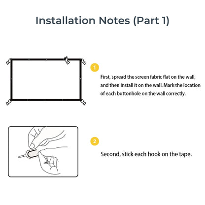 Diagram of Installation Notes Part 1 detailing two steps for mounting a screen fabric on a wall showing a rectangular screen with buttonholes and hands applying an adhesive hook to tape