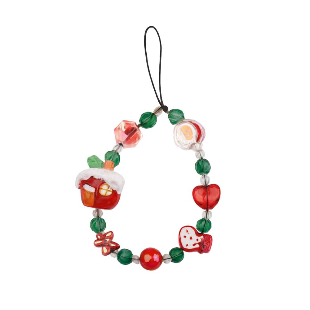 A Christmas-themed beaded charm strap featuring a red house with snowy roof a Santa Claus head bead and a red mitten
