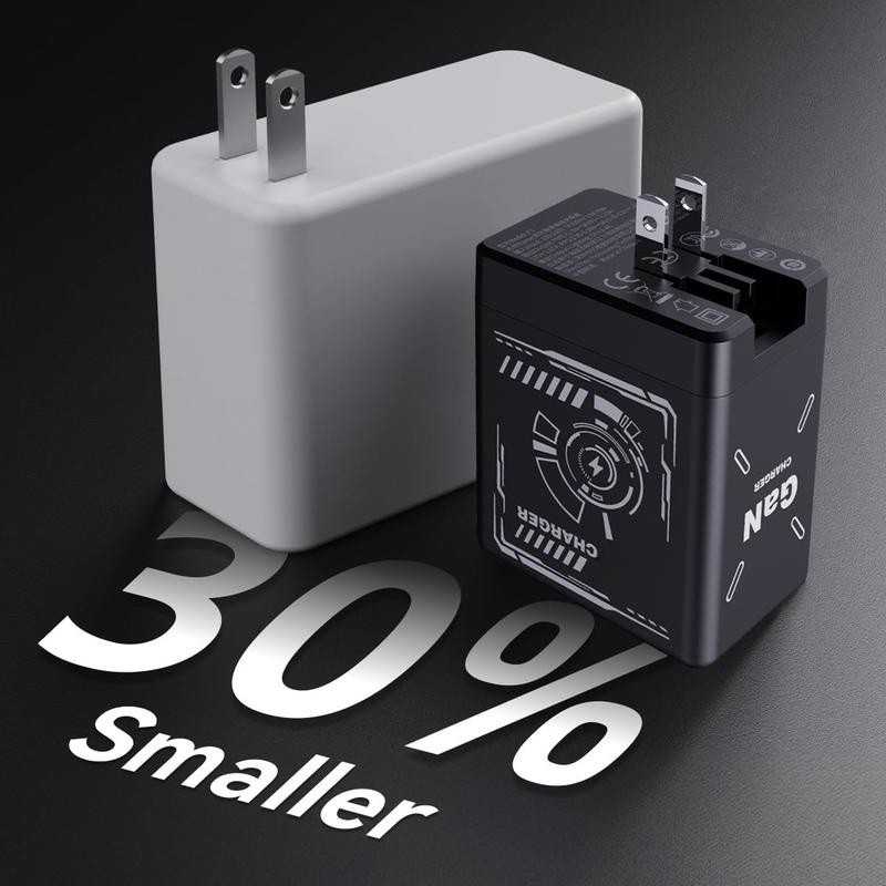 A larger white rectangular wall charger beside a smaller black square GaN charger with futuristic circuit graphics and "GAN CHARGER" text, highlighting "30% Smaller" on a dark background