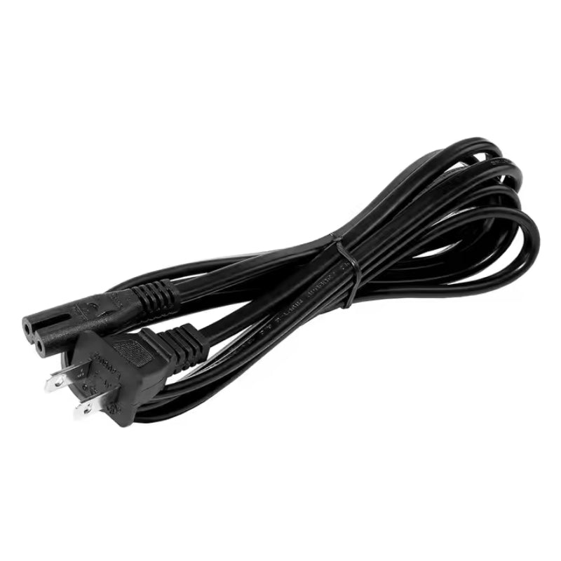 Photograph, uncredited, of a black US two-prong male to C7 figure-8 female power cord neatly coiled on a white studio background