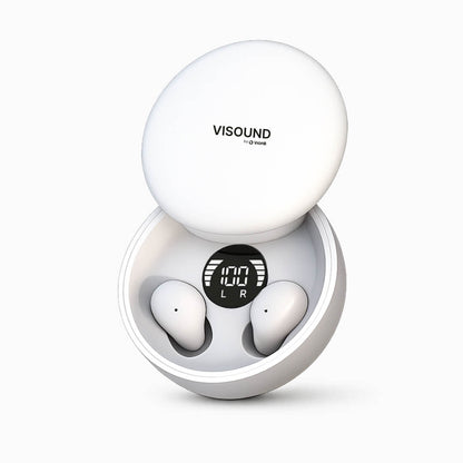 VISOUND by O VionB white wireless earbuds in their open charging case displaying a digital screen showing 100 percent battery and L R indicators on a clean white background