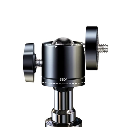 A dark metallic camera accessory featuring a 360-degree rotating ball head, two silver threaded adjustment knobs, and a clear "360°" indicator text with surrounding dashed lines