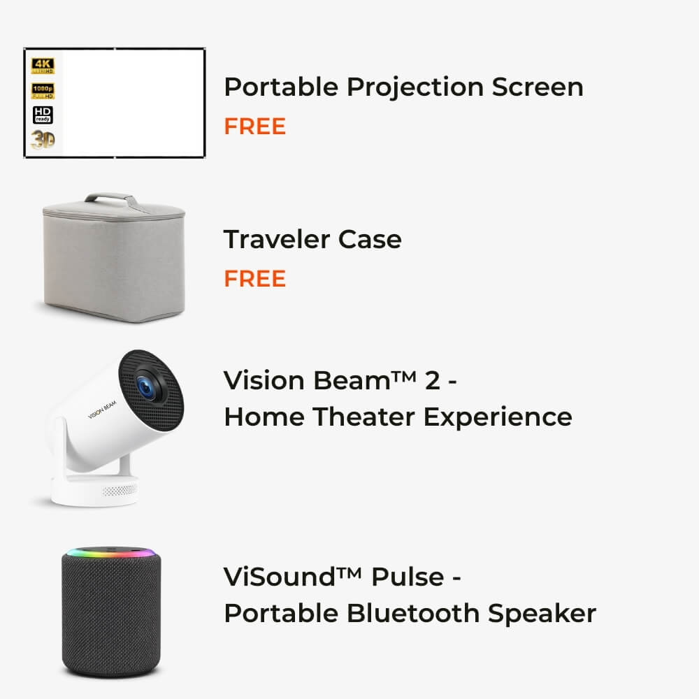 Product photo featuring a white portable projection screen with 4K 3D icons, a gray traveler case, a white Vision Beam 2 home theater projector, and a black ViSound Pulse portable Bluetooth speaker with a colorful LED ring, with both the screen and case marked FREE