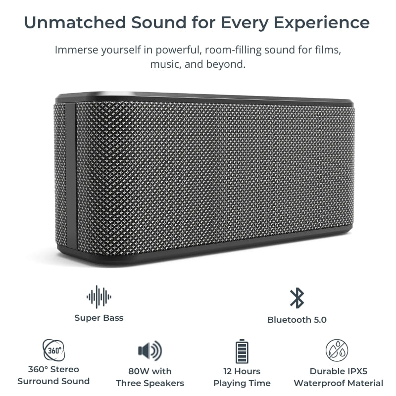 A dark gray rectangular portable Bluetooth speaker with a textured mesh grille on a white background, featuring highlighted texts for Super Bass 360-degree stereo sound and IPX5 waterproof material
