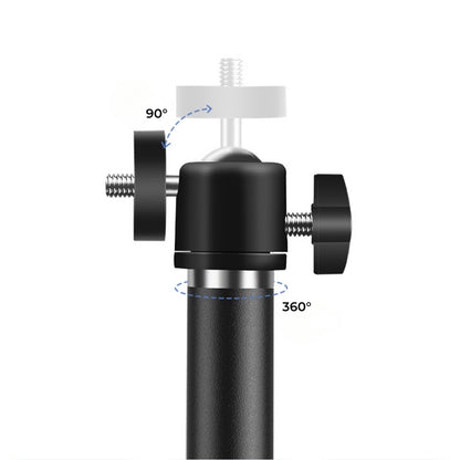 Close-up of a black adjustable ball head mounting bracket with silver accents demonstrating 90-degree tilt and 360-degree rotation using two textured knobs and a top threaded screw