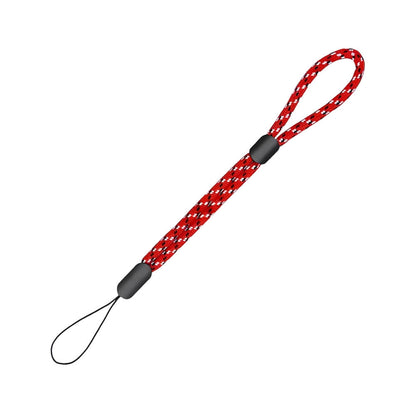Red and white braided paracord wrist lanyard featuring black plastic adjusters and a thin black attachment loop presented on a clean white background