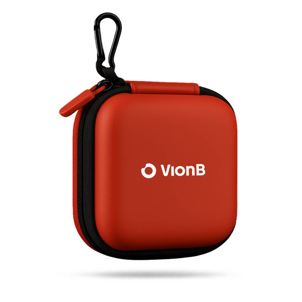 Red VionB hard shell carrying case with a black zipper and carabiner clip displaying the white VionB logo