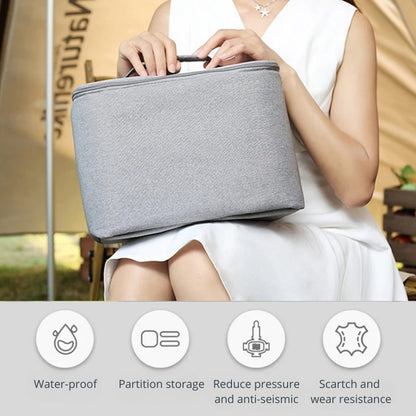 A woman in a white dress with a star necklace holds a textured grey storage bag in an outdoor setting, with icons highlighting its waterproof, partition storage, anti-seismic, and wear-resistant features