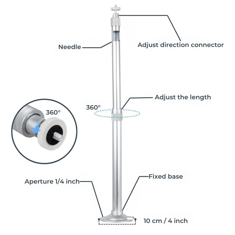 Silver adjustable camera support stand detailed with labels indicating a 360-degree rotating adjust direction connector, length adjustment, a 1/4 inch aperture, and a 10 cm fixed base