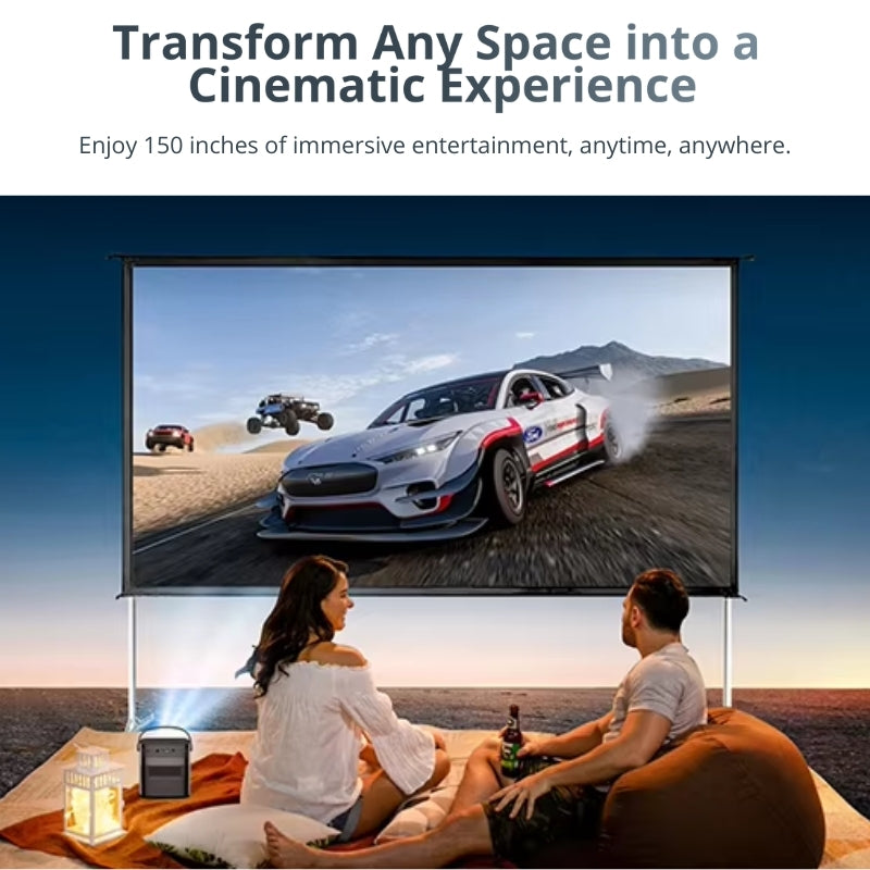 Digital photography of a couple enjoying an outdoor projected movie in a vast landscape at sunset, with the screen displaying a white Ford Mustang Mach-E Rally car drifting with other off-road vehicles, as they sit on a patterned blanket with a small projector and a glowing lantern