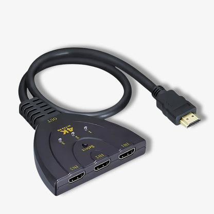 Studio product photo of a black 4K Ultra HD HDMI splitter on a white background, featuring three input ports IN1 IN2 IN3, one OUT port, a select button, and a gold-plated HDMI connector