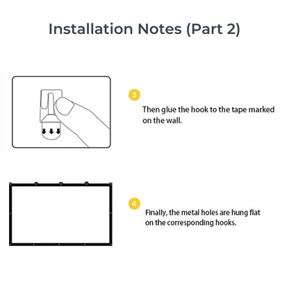 Diagram detailing installation notes for a wall-mounted screen, showing a hand pressing an adhesive hook to a wall in step 3 and a rectangular screen frame with multiple metal hanging holes ready to be hung in step 4, both steps highlighted with yellow numbered circles