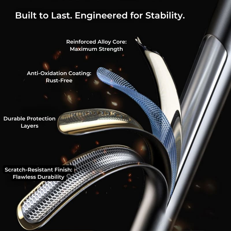 Digital rendering of a product's durable multi-layer construction featuring a blue reinforced alloy core, golden anti-oxidation coating, and a silver scratch-resistant honeycomb finish