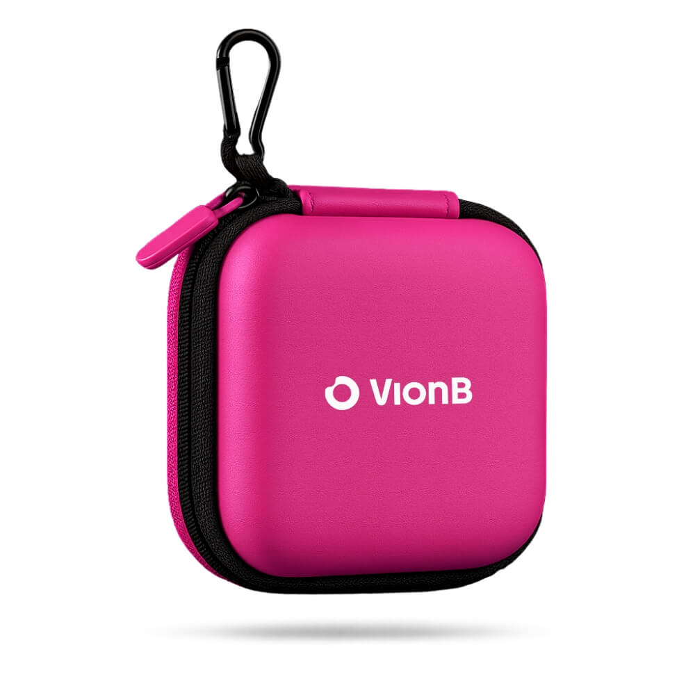 Product photography a vibrant pink VionB square carrying case featuring a white logo a black zipper and a matching carabiner clip on a white background