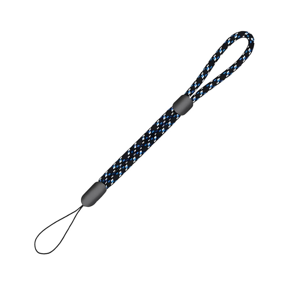 Braided black and blue paracord wrist strap with gray plastic adjusters and a thin attachment loop