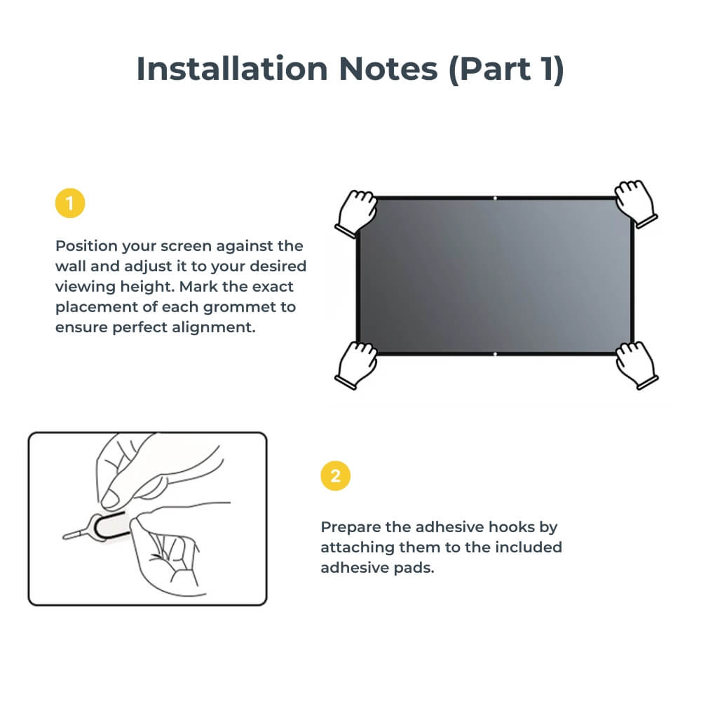 Technical diagram titled Installation Notes Part 1 illustrating two screen installation steps: cartoon hands positioning a dark rectangular screen to mark grommet locations and line art hands attaching adhesive hooks to pads