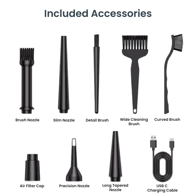 Digital illustration of nine black vacuum cleaner accessories including a brush nozzle, wide cleaning brush, and USB C charging cable